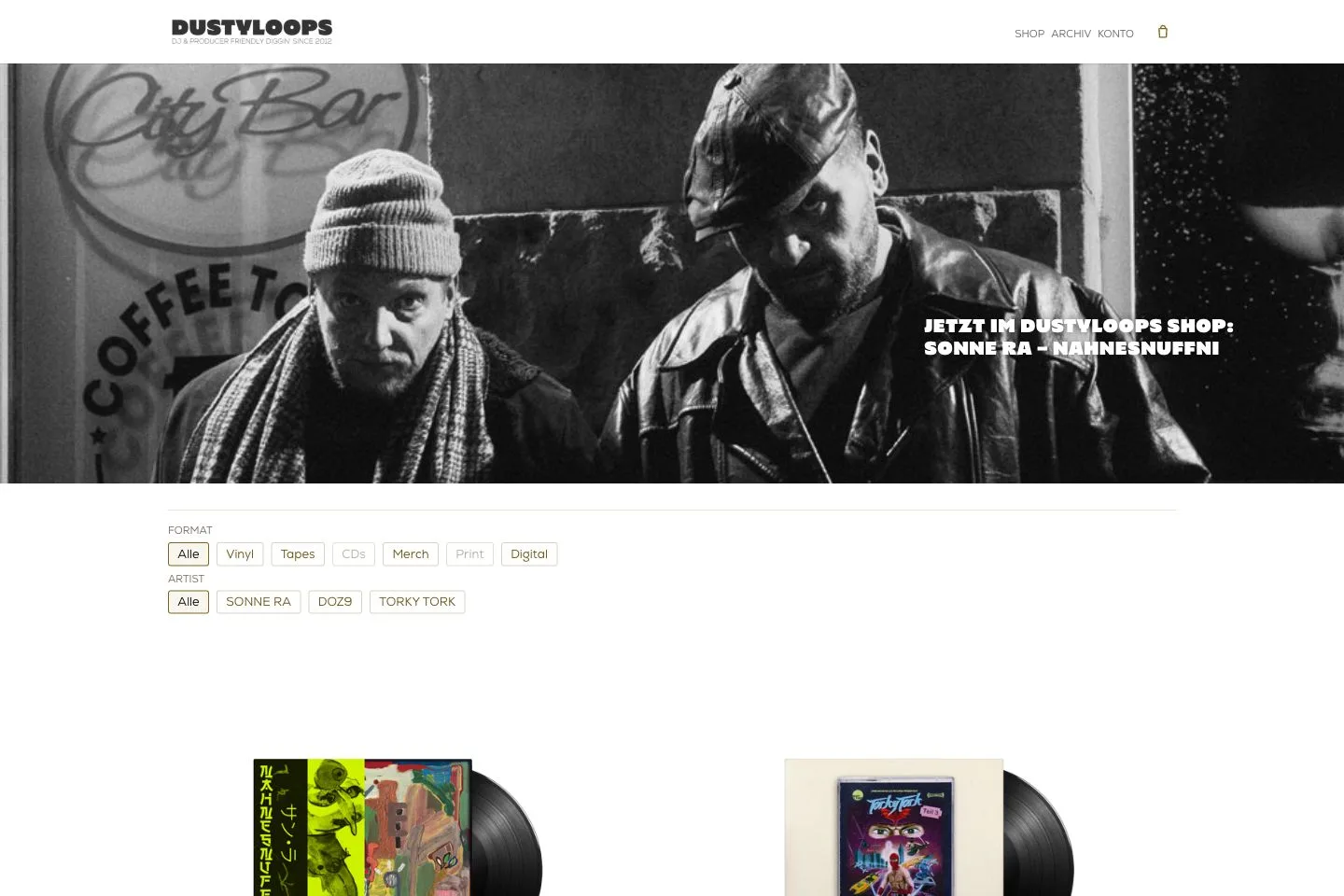 Desktop-Screenshot der Website Dustyloops mit Shop- und Musikmotiv