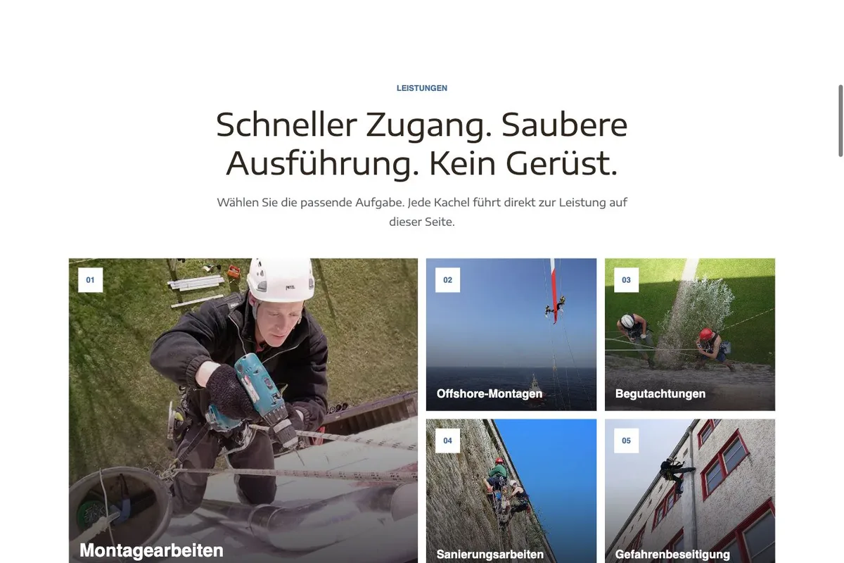 Desktop-Screenshot der Website Handwerk im Seil mit Leistungsübersicht