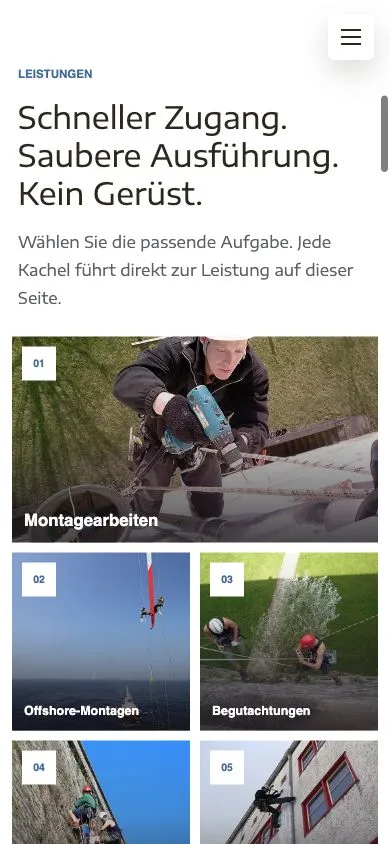 Mobiler Screenshot der Website Handwerk im Seil mit Leistungsübersicht