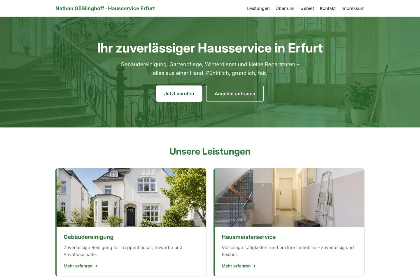 Desktop-Screenshot der Website Hausservice Erfurt mit grünem Hero