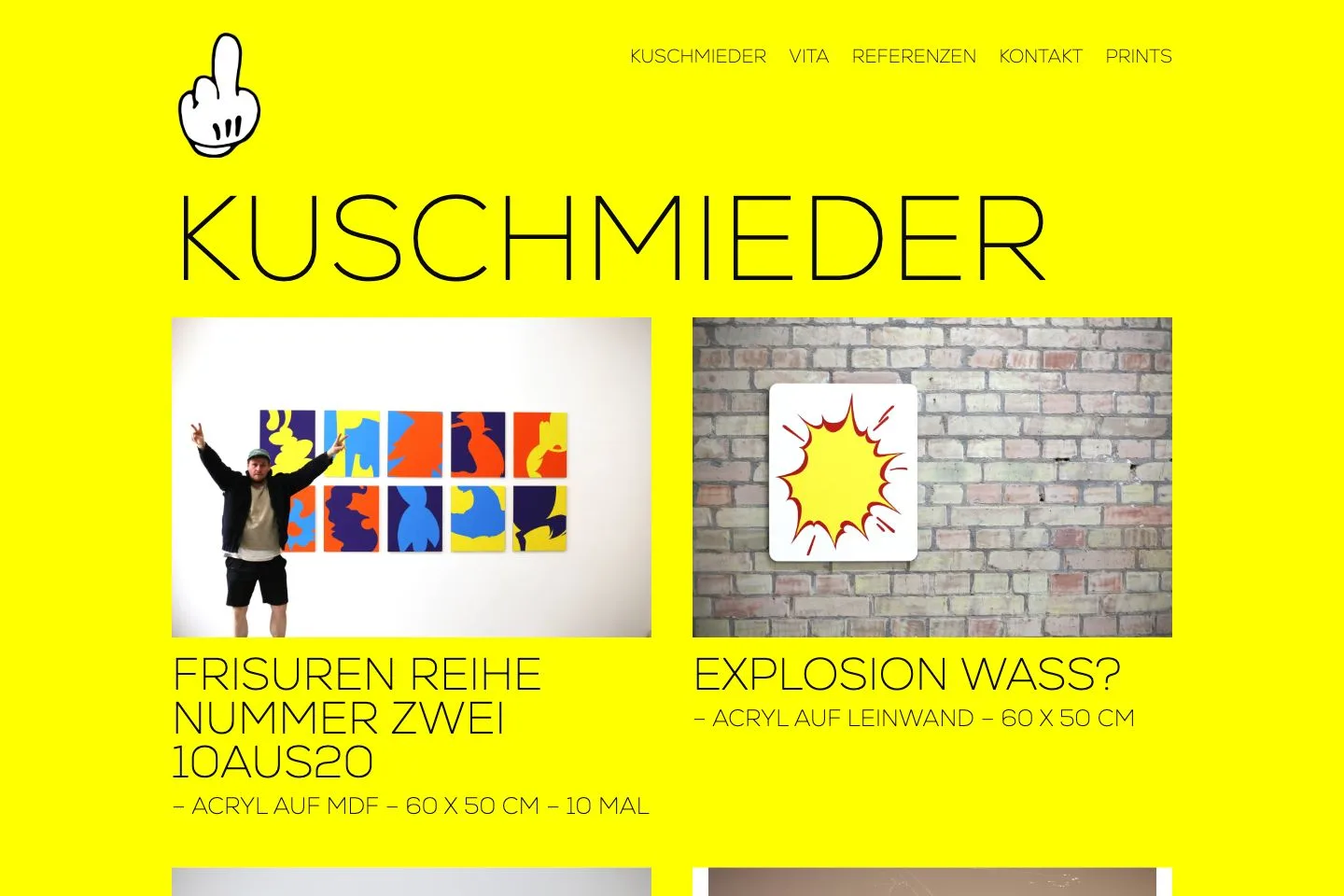 Desktop-Screenshot der Website Kuschmieder mit gelber Fläche und Kunstwerken