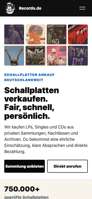 Mobiler Screenshot der Website Records.de mit Schallplatten-Ankauf