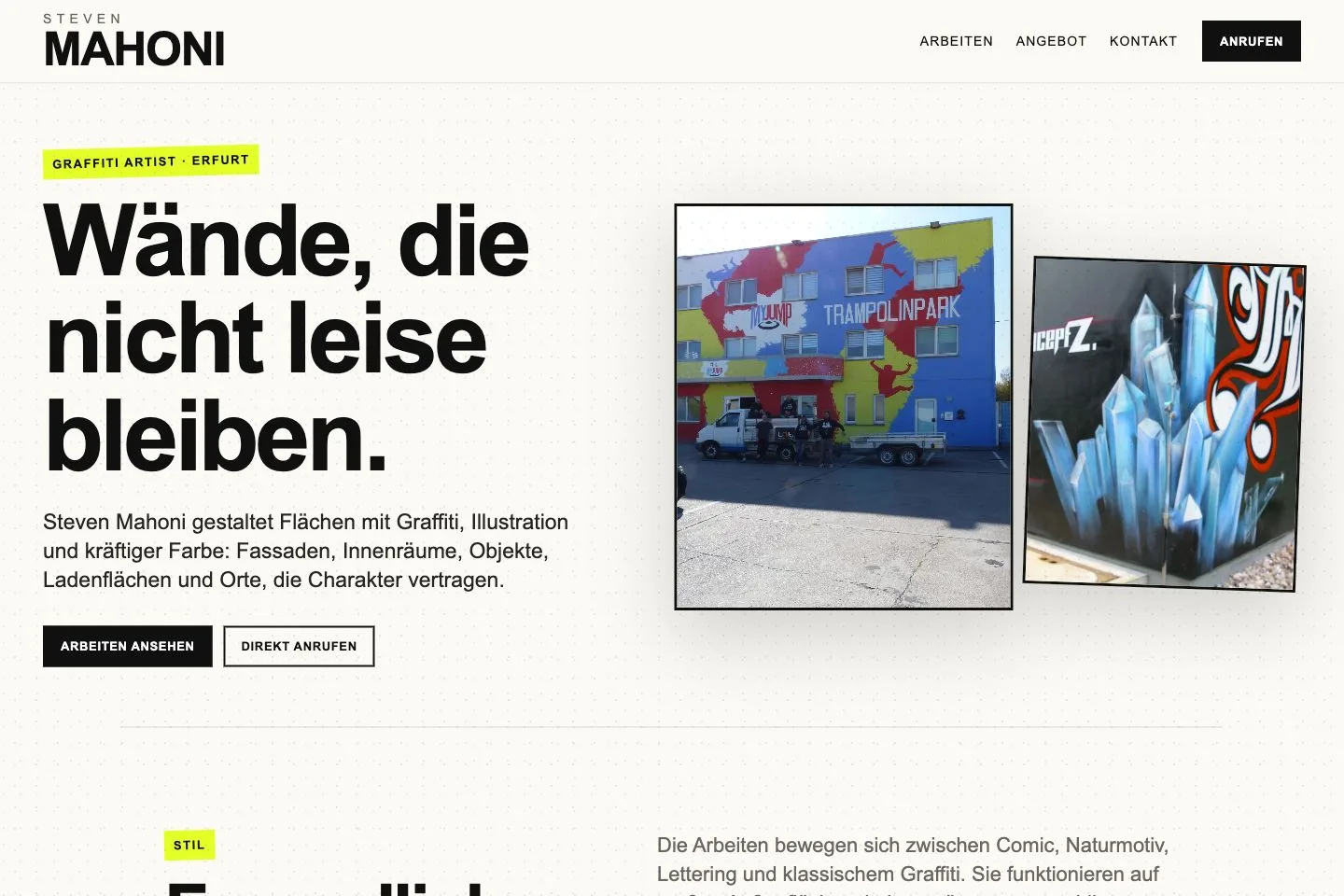 Desktop-Screenshot der Website Steven Mahoni mit farbiger Fassadenarbeit