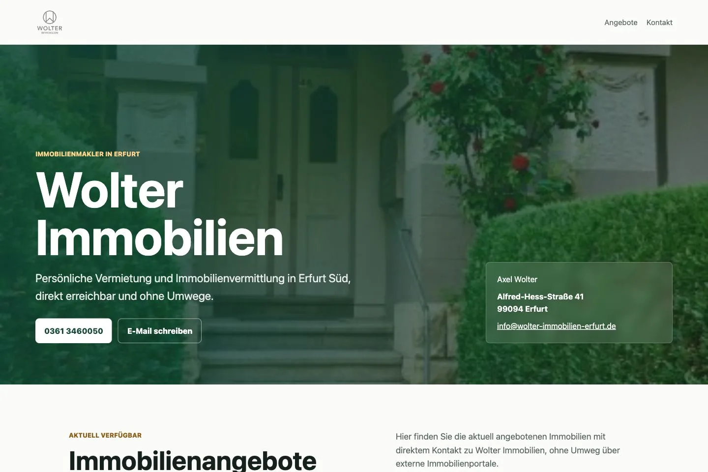 Screenshot der Referenzseite Wolter Immobilien mit Immobilienangeboten
